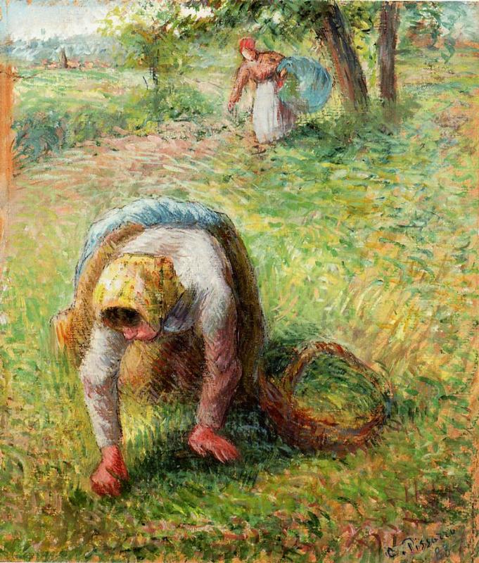 Peasants Gathering Grass - Camille Pissarro Paintings